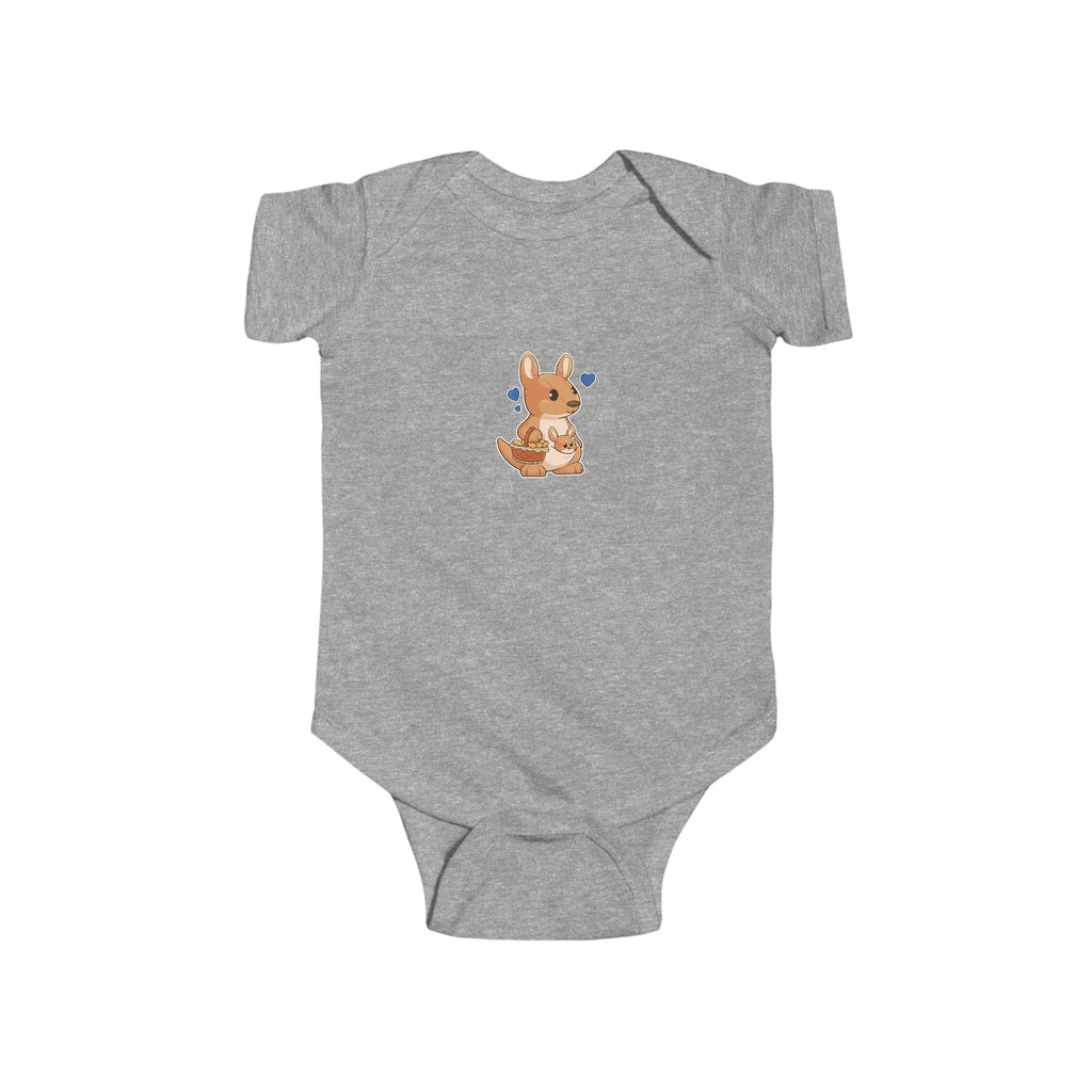 A heather grey baby onesie with a picture of a kangaroo.