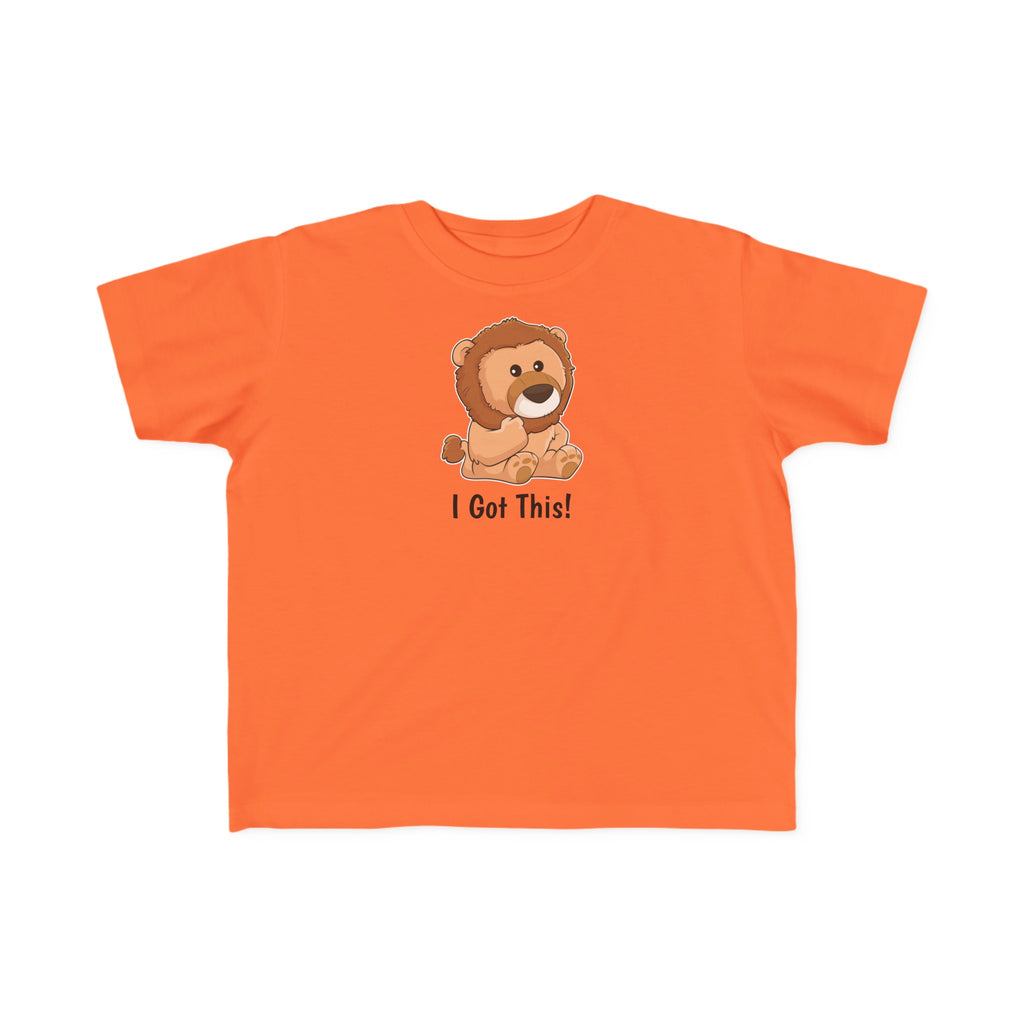 A short-sleeve orange shirt with a picture of a lion that says I Got This.