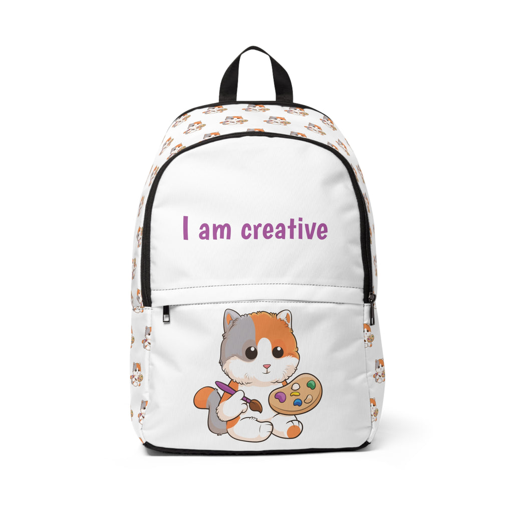 Front-view of a white backpack with a repeating pattern of a cat on the sides. The bottom half of the front features a large cat and the top half says "I am creative".