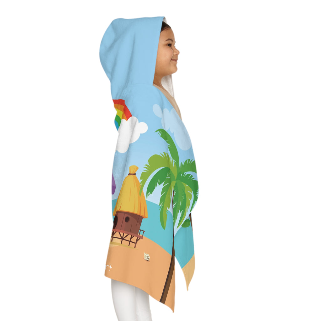 Right side-view of a girl wearing a hooded towel and holding it closed around her. The towel has a scene of a turtle reading a book under an umbrella on the beach, a rainbow in the background, and the phrase "I am smart" along the bottom.