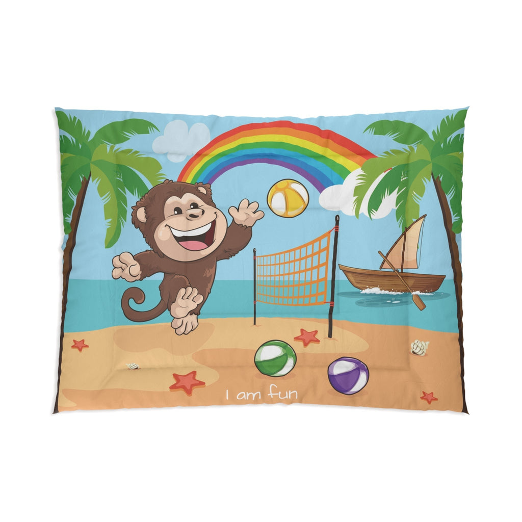 A 68 by 92 inch bed comforter with a scene of a monkey playing volleyball on a beach, a rainbow in the background, and the phrase "I am fun" along the bottom.