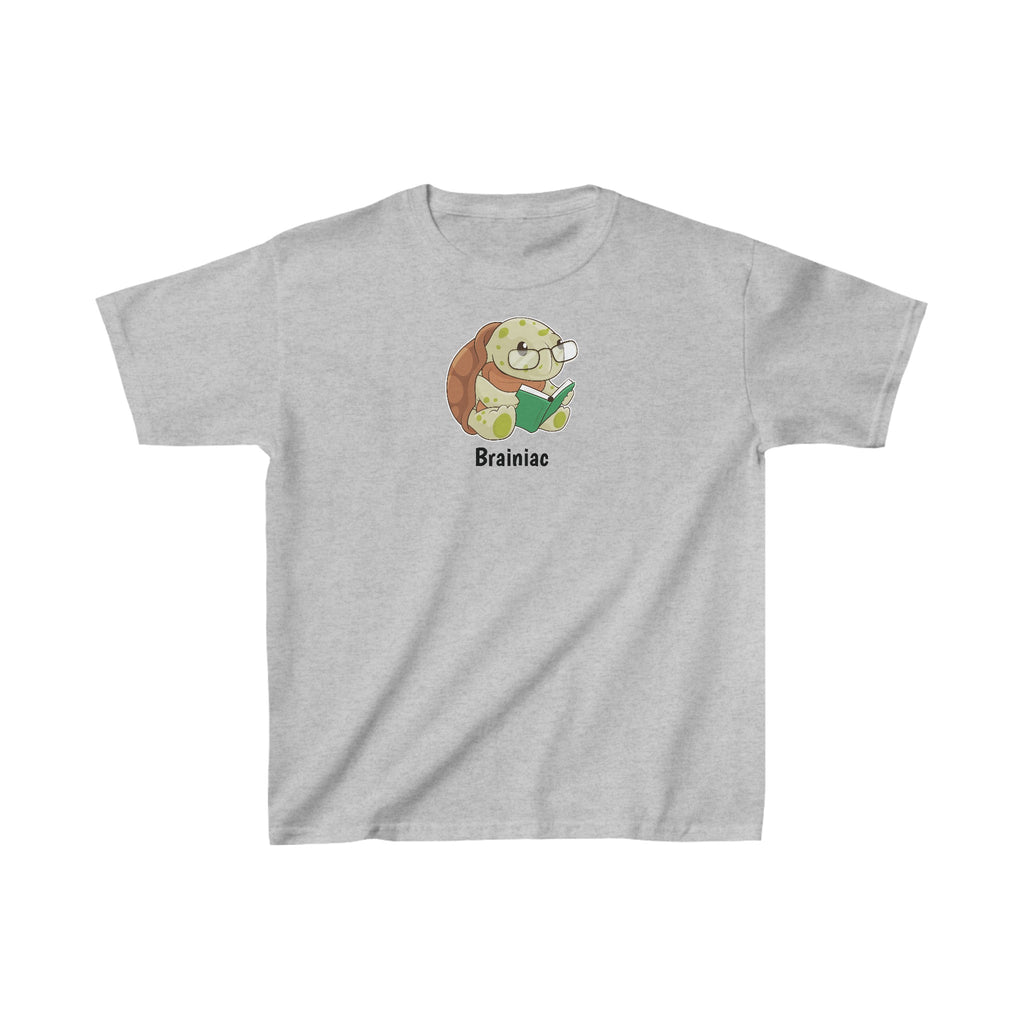 A short-sleeve grey shirt with a picture of a turtle that says Brainiac.