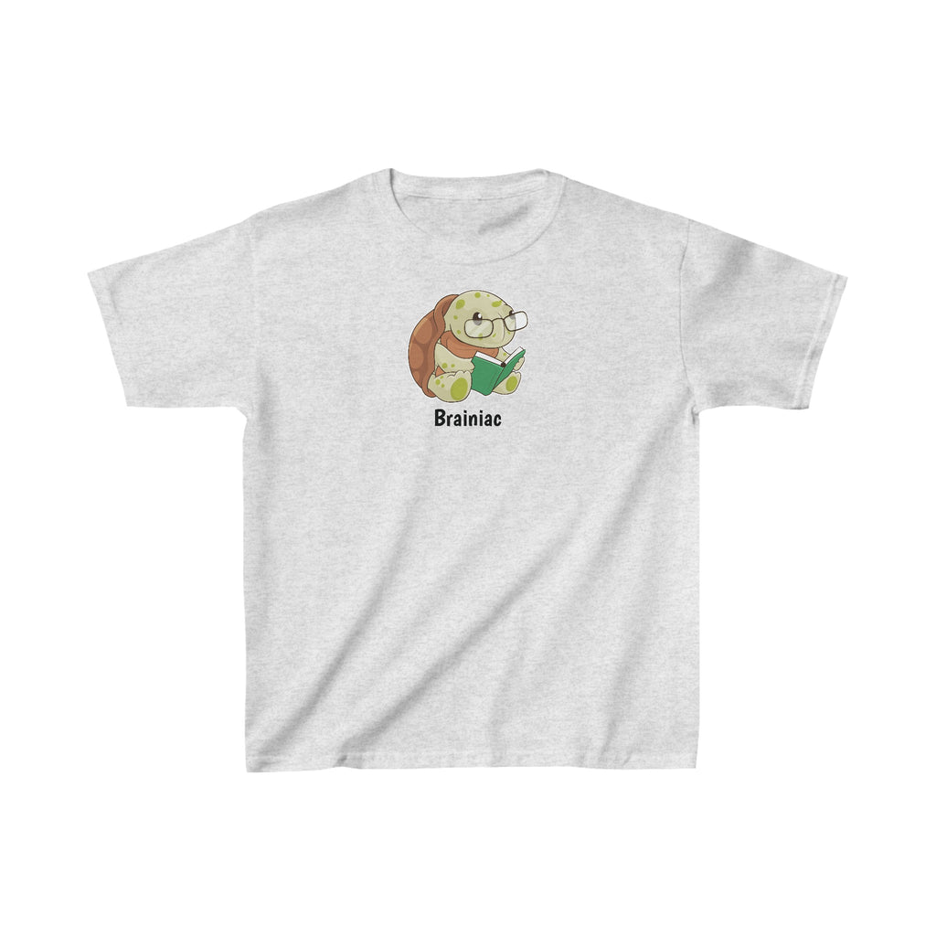 A short-sleeve light grey shirt with a picture of a turtle that says Brainiac.