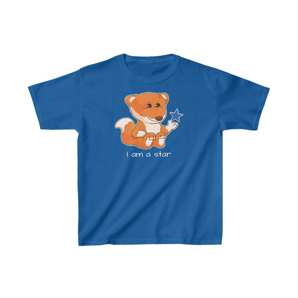 A short-sleeve royal blue shirt with a picture of a fox that says I am a star.