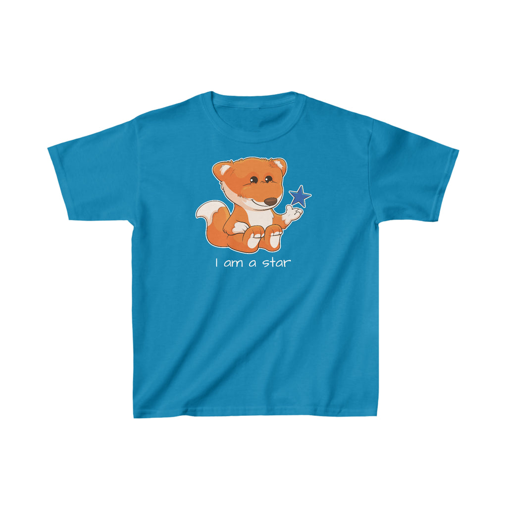 A short-sleeve sapphire blue shirt with a picture of a fox that says I am a star.