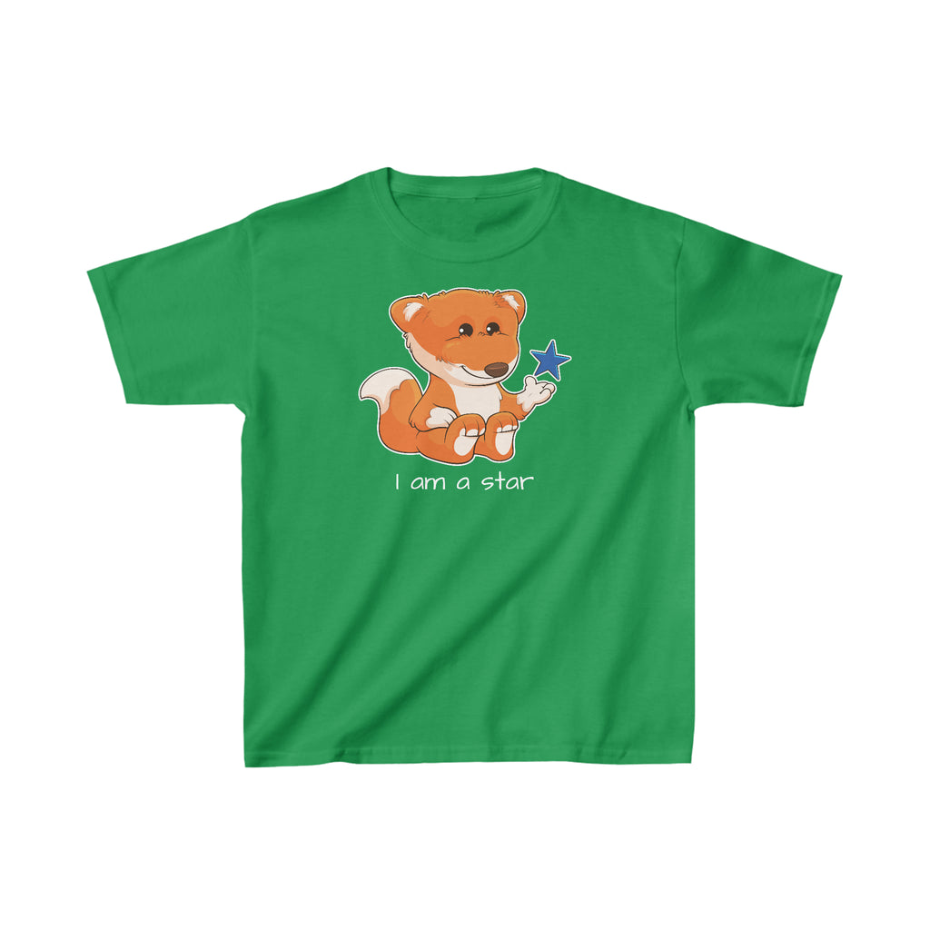 A short-sleeve green shirt with a picture of a fox that says I am a star.