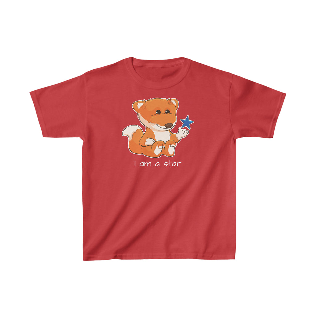 A short-sleeve red shirt with a picture of a fox that says I am a star.