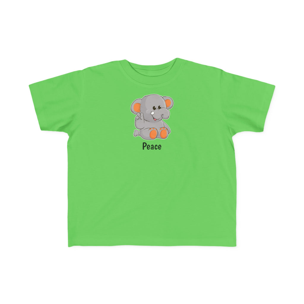 A short-sleeve green shirt with a picture of an elephant that says Peace.