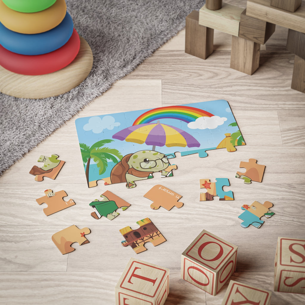 A 30 piece puzzle with a scene of a turtle reading a book under an umbrella on the beach, a rainbow in the background, and the phrase "I am smart" along the bottom. The puzzle is partially assembled on the floor of a child's playroom.