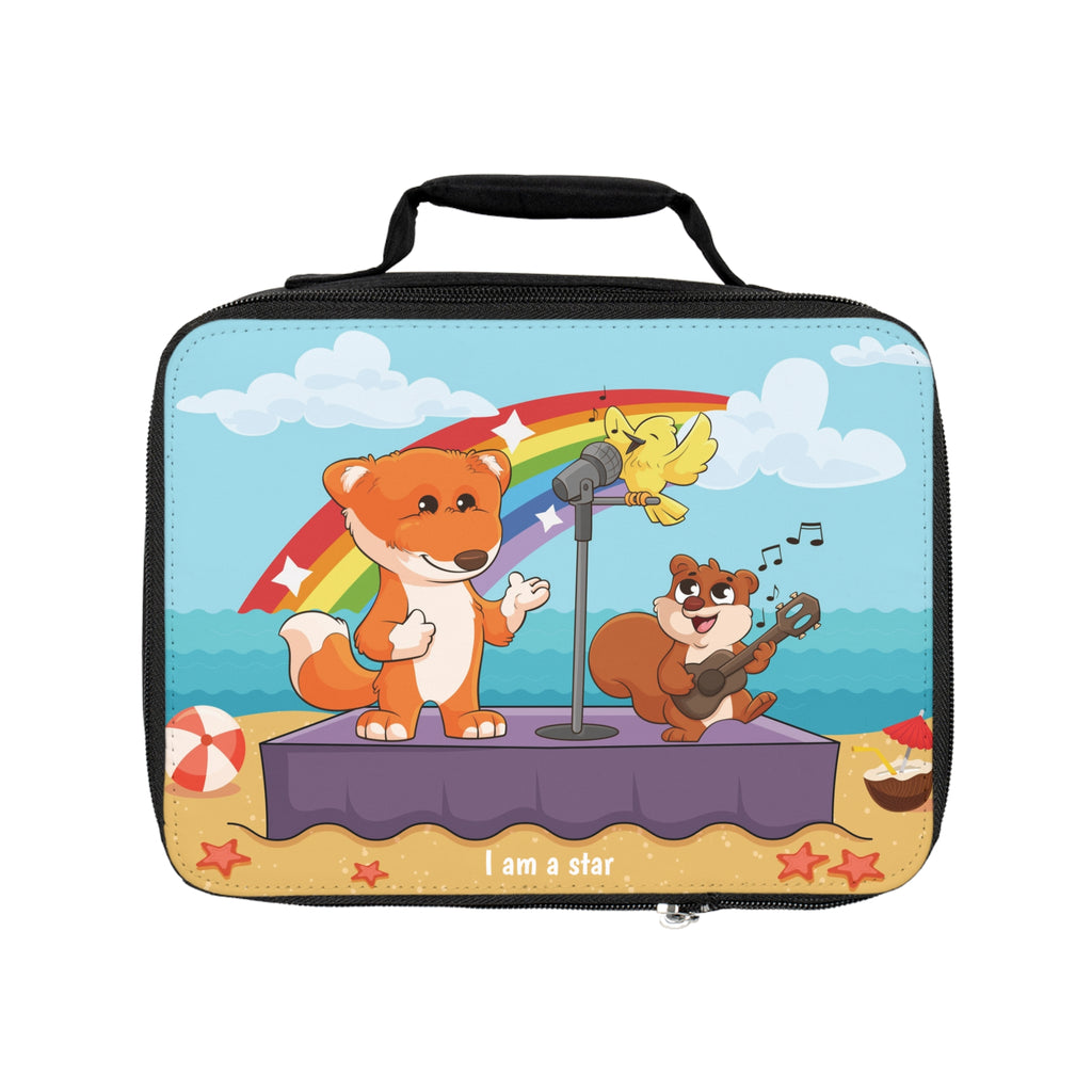 A rectangular lunch bag with a scene on the front of a fox singing with a bird and squirrel on a stage on the beach, a rainbow in the background, and the phrase "I am a star" along the bottom.