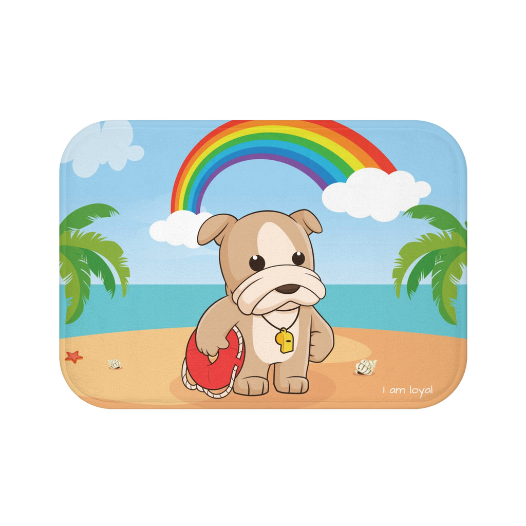A 24 by 17 inch bath mat that has a scene of a dog lifeguard standing on a beach with a rainbow in the background and the phrase "I am loyal" along the bottom.