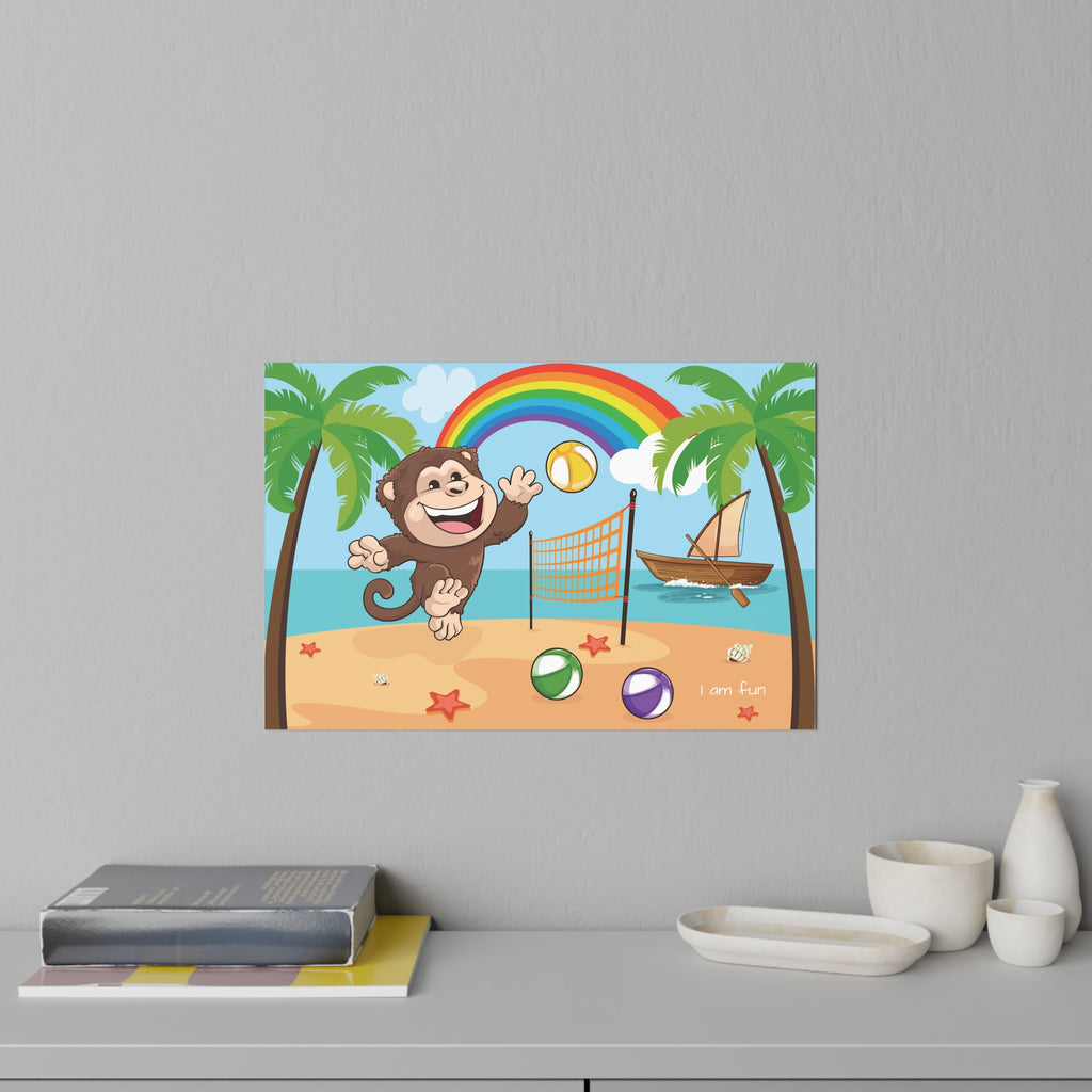 A 36 by 24 inch wall decal on a grey wall above a dresser and books. The wall decal has a scene of a monkey playing volleyball on the beach, a rainbow in the background, and the phrase "I am fun" along the bottom.