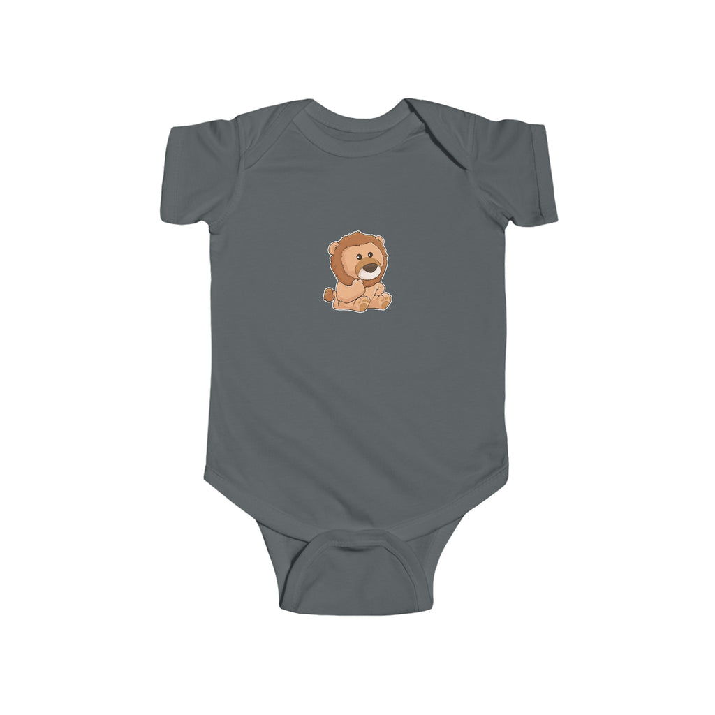 A charcoal grey baby onesie with a picture of a lion.