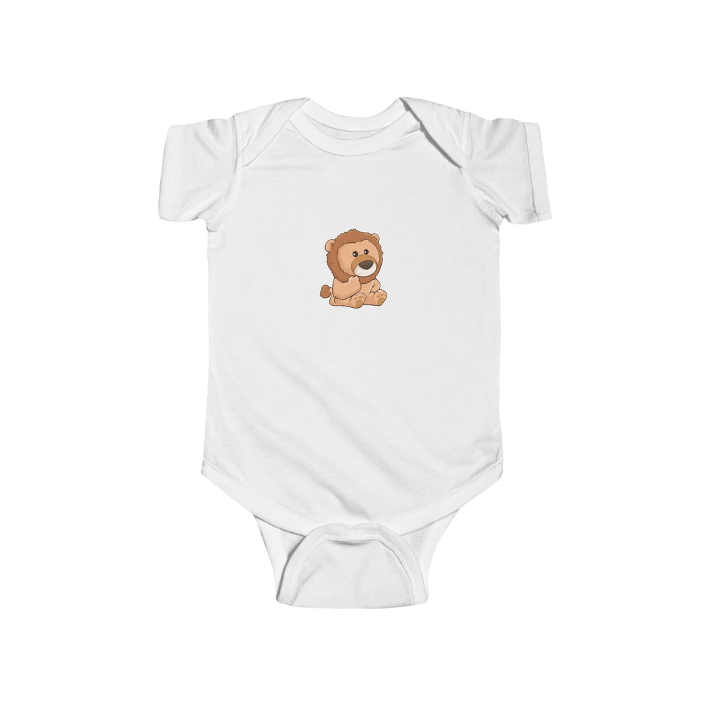 A white baby onesie with a picture of a lion.