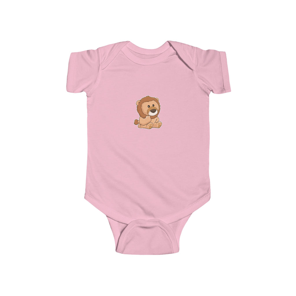 A light pink baby onesie with a picture of a lion.