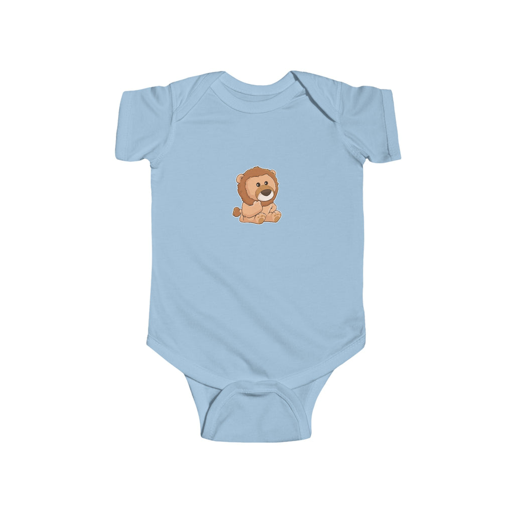 A light blue baby onesie with a picture of a lion.