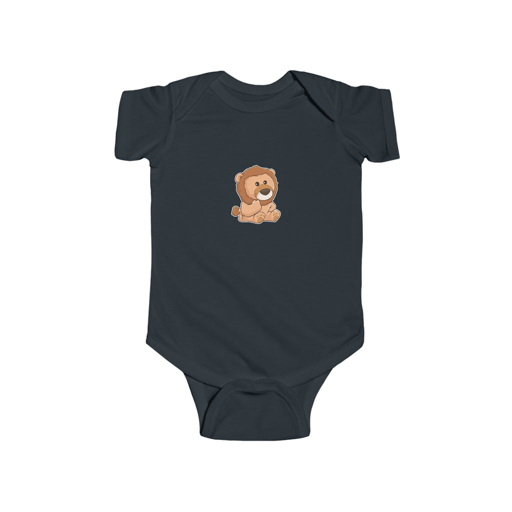 A black baby onesie with a picture of a lion.