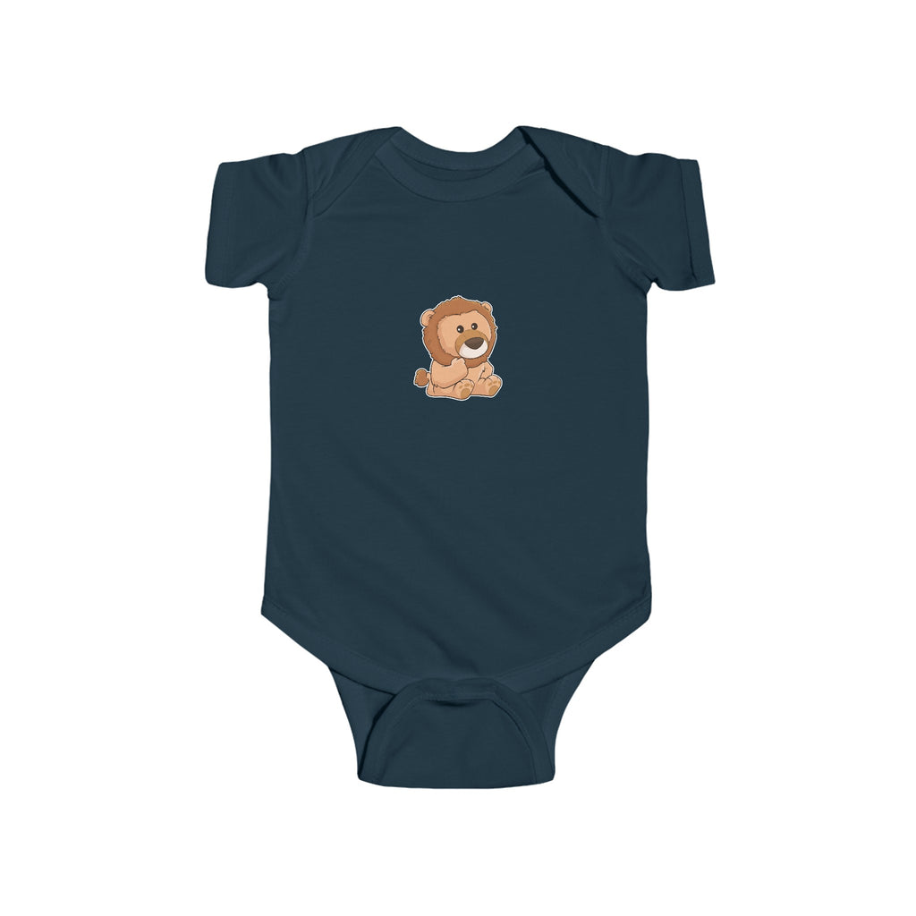 A navy blue baby onesie with a picture of a lion.