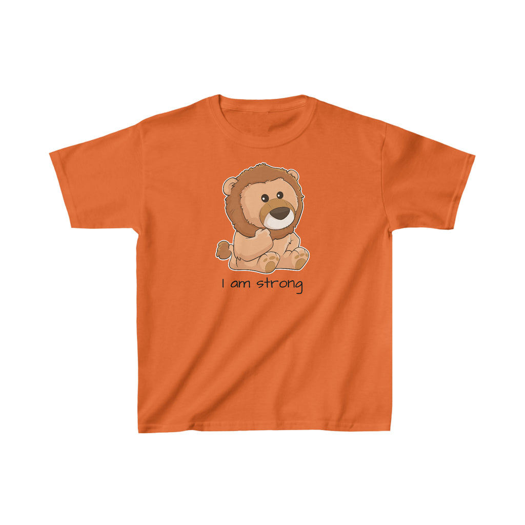 A short-sleeve orange shirt with a picture of a lion that says I am strong.