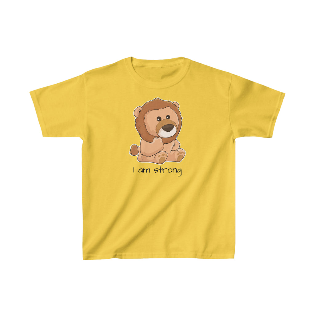 A short-sleeve yellow shirt with a picture of a lion that says I am strong.