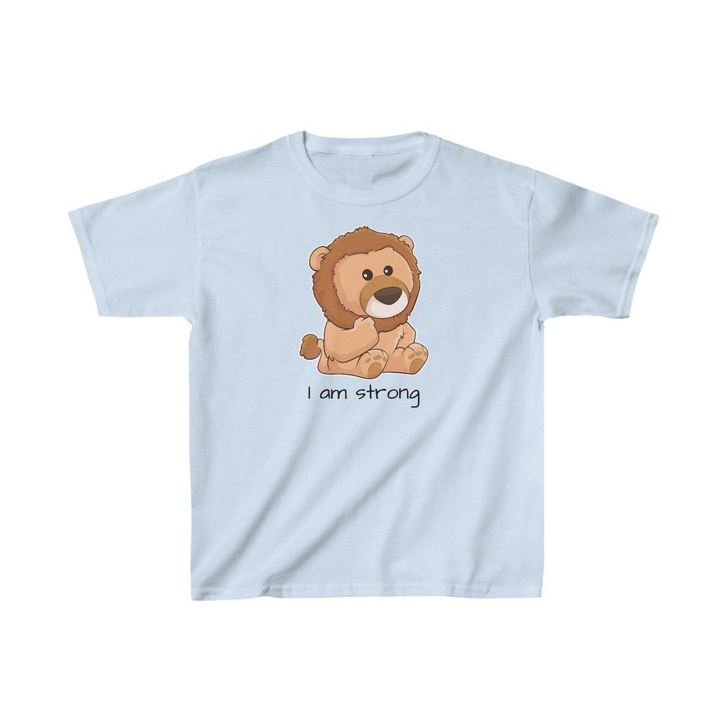 A short-sleeve light blue shirt with a picture of a lion that says I am strong.