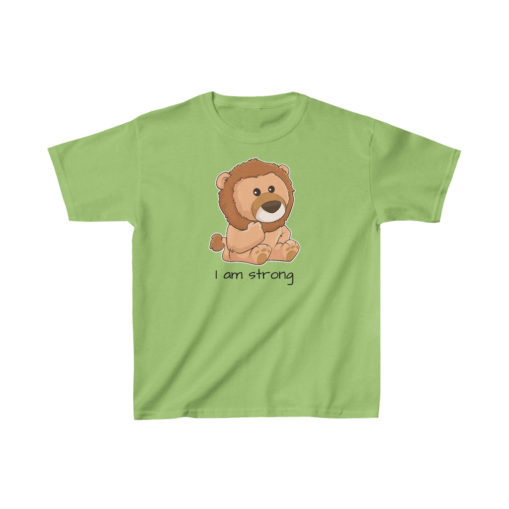 A short-sleeve lime green shirt with a picture of a lion that says I am strong.