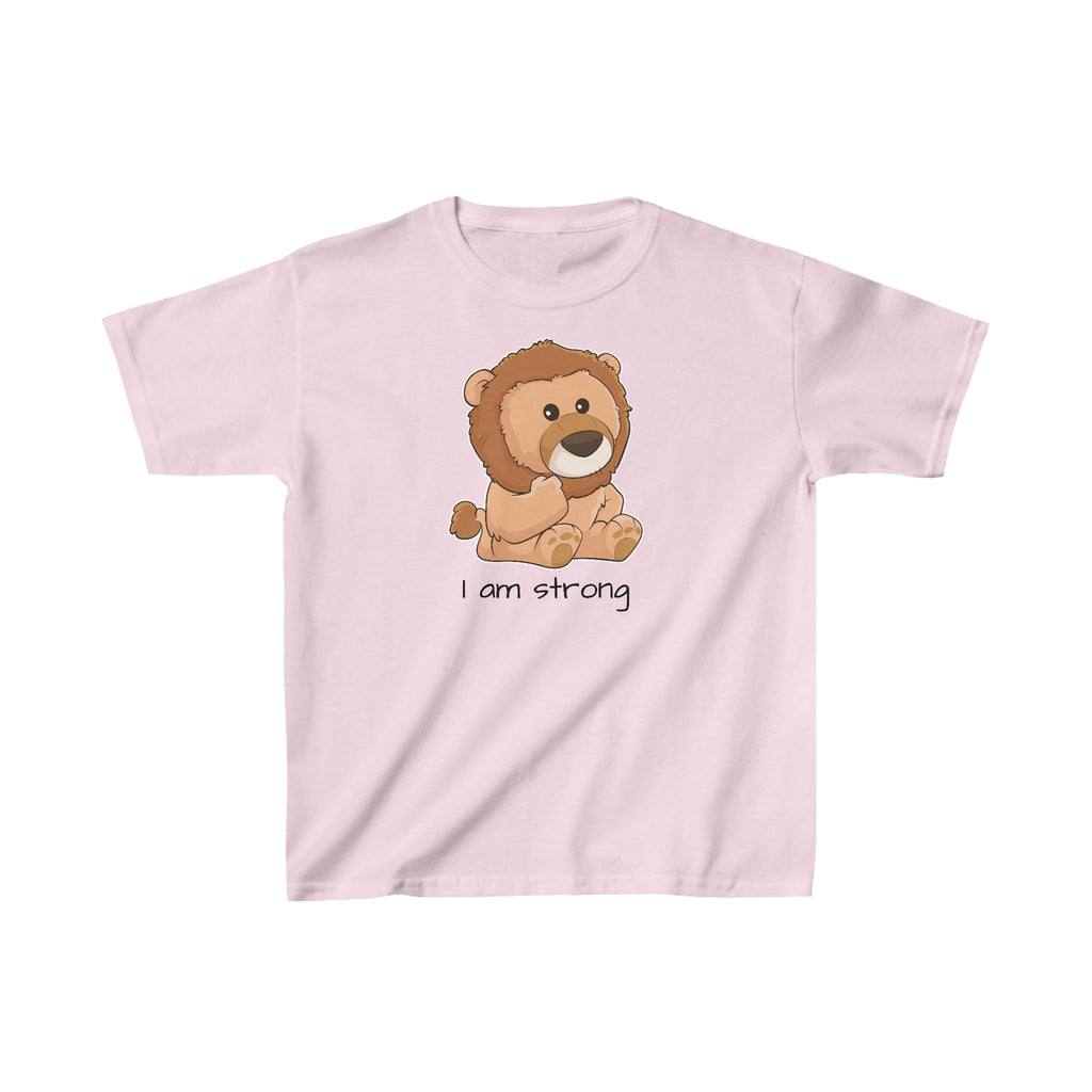 A short-sleeve light pink shirt with a picture of a lion that says I am strong.