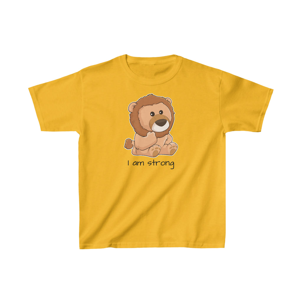 A short-sleeve golden yellow shirt with a picture of a lion that says I am strong.