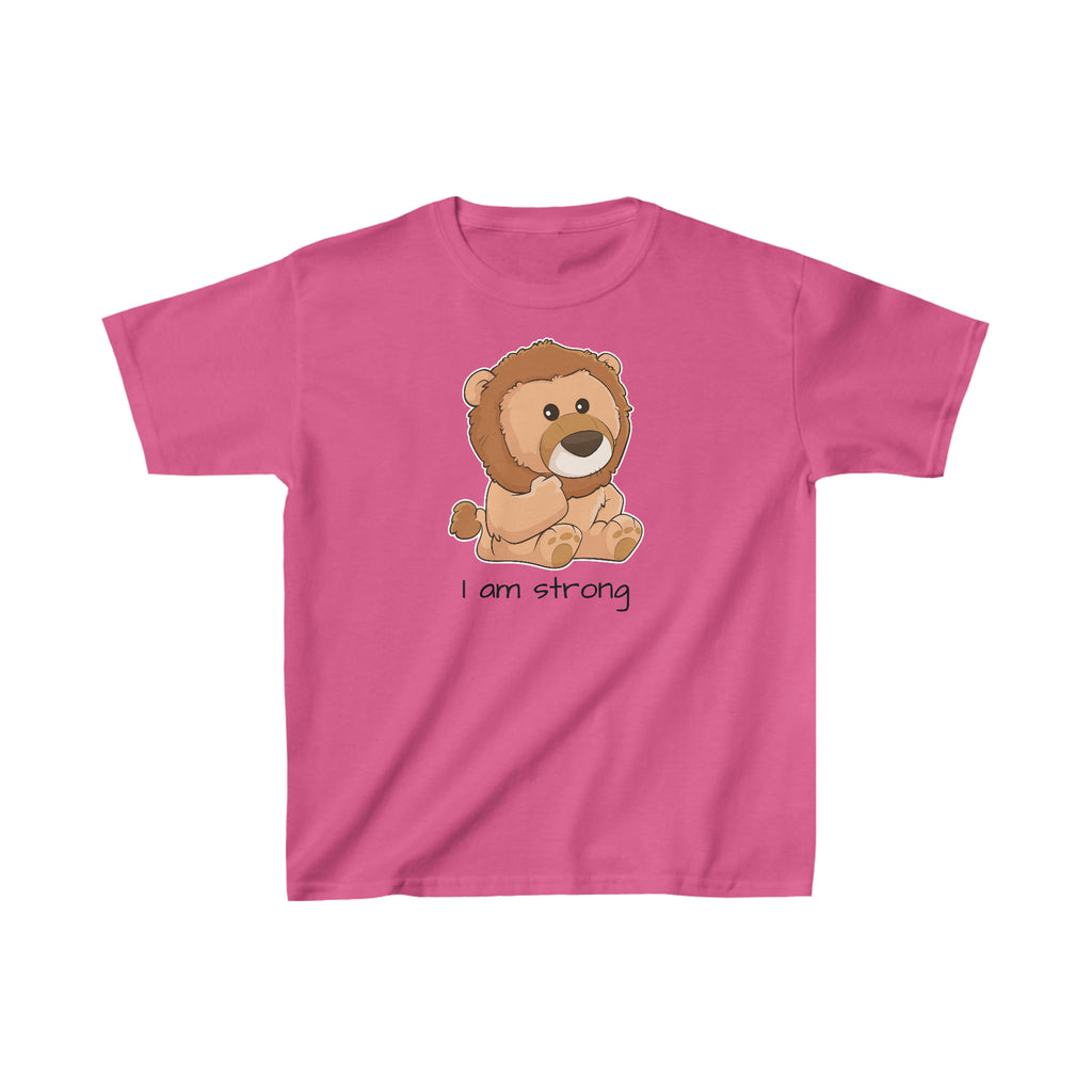 A short-sleeve pink shirt with a picture of a lion that says I am strong.