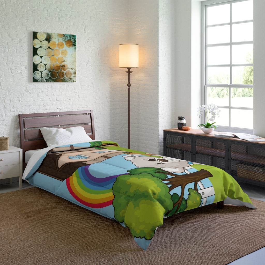 A 68 by 92 inch bed comforter with a scene of a bear sitting in the yard of its house, a rainbow in the background, and the phrase "I am responsible" along the bottom. The comforter covers a twin extra long sized bed.