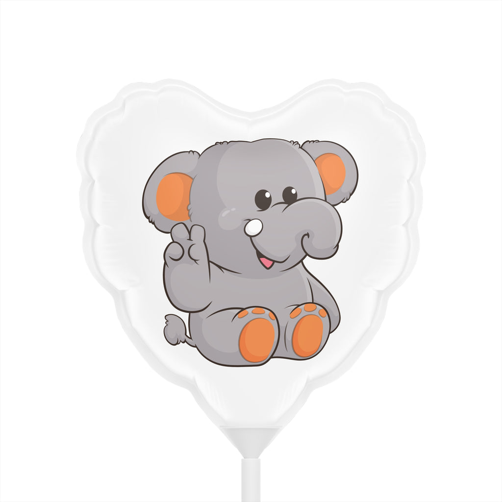 A heart-shaped white mylar balloon on a stick with a picture of an elephant.