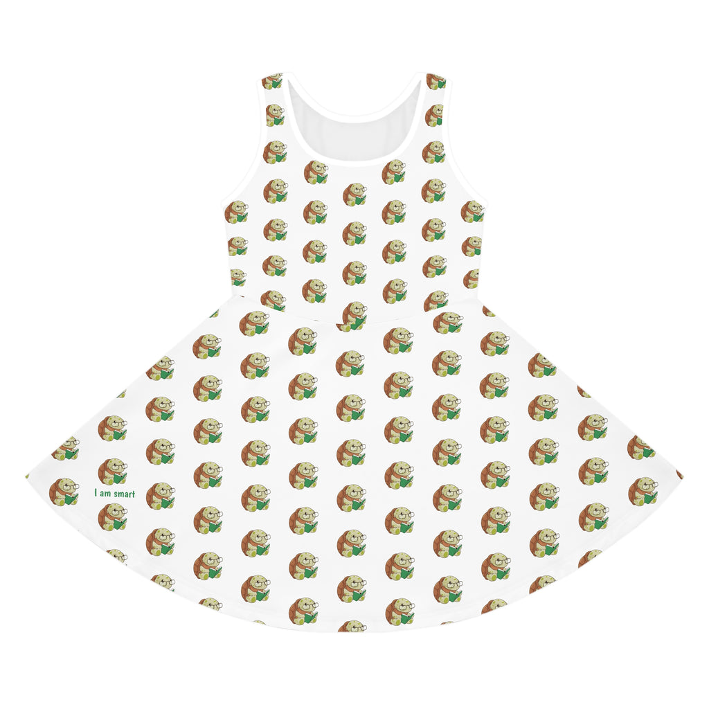 Front-view of a sleeveless white dress with a repeating pattern of a turtle.