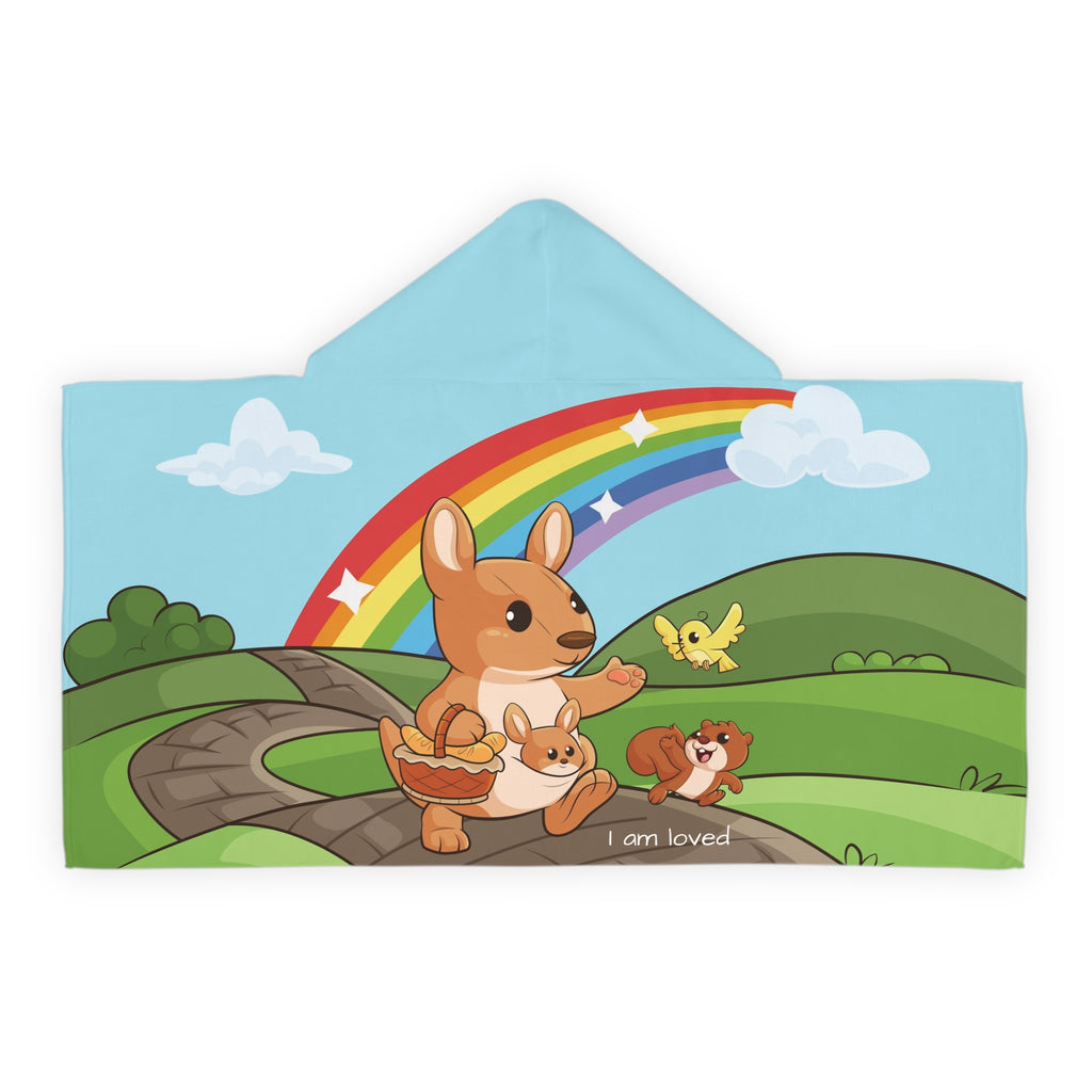 Back-view of a hooded towel with a scene of a kangaroo walking along a path through rolling hills, a rainbow in the background, and the phrase "I am loved" along the bottom.