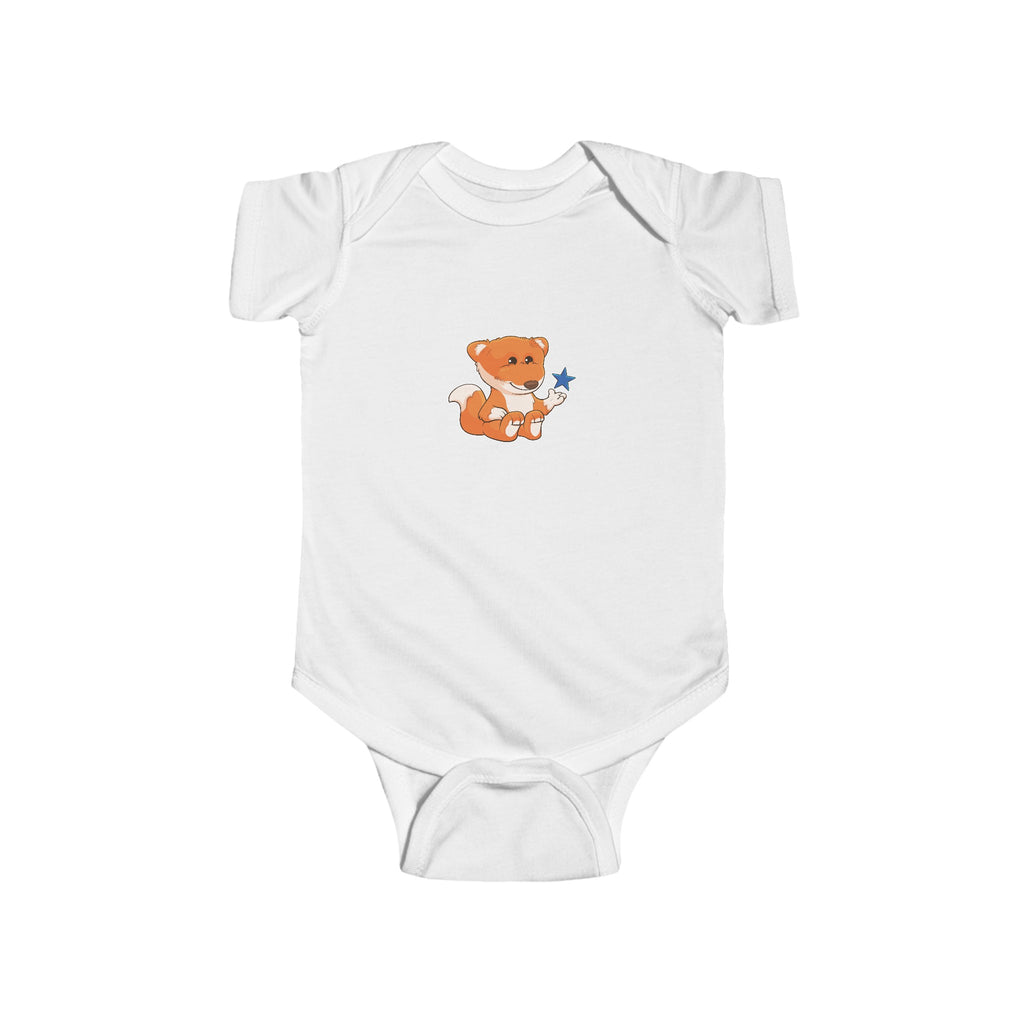 A white baby onesie with a picture of a fox.