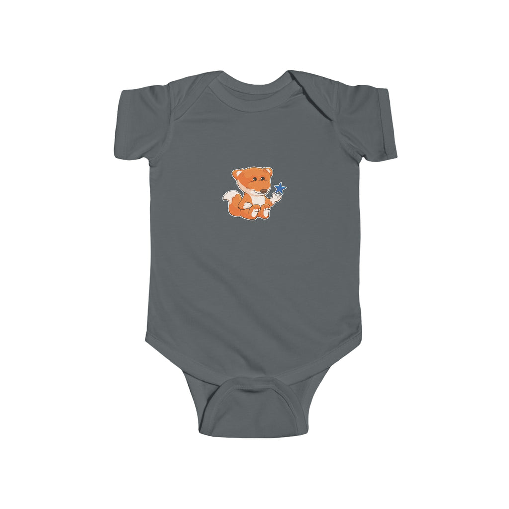 A charcoal grey baby onesie with a picture of a fox.
