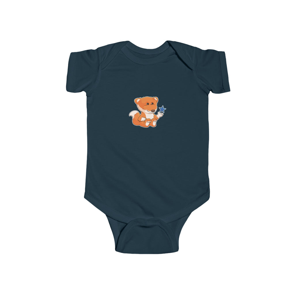 A navy blue baby onesie with a picture of a fox.