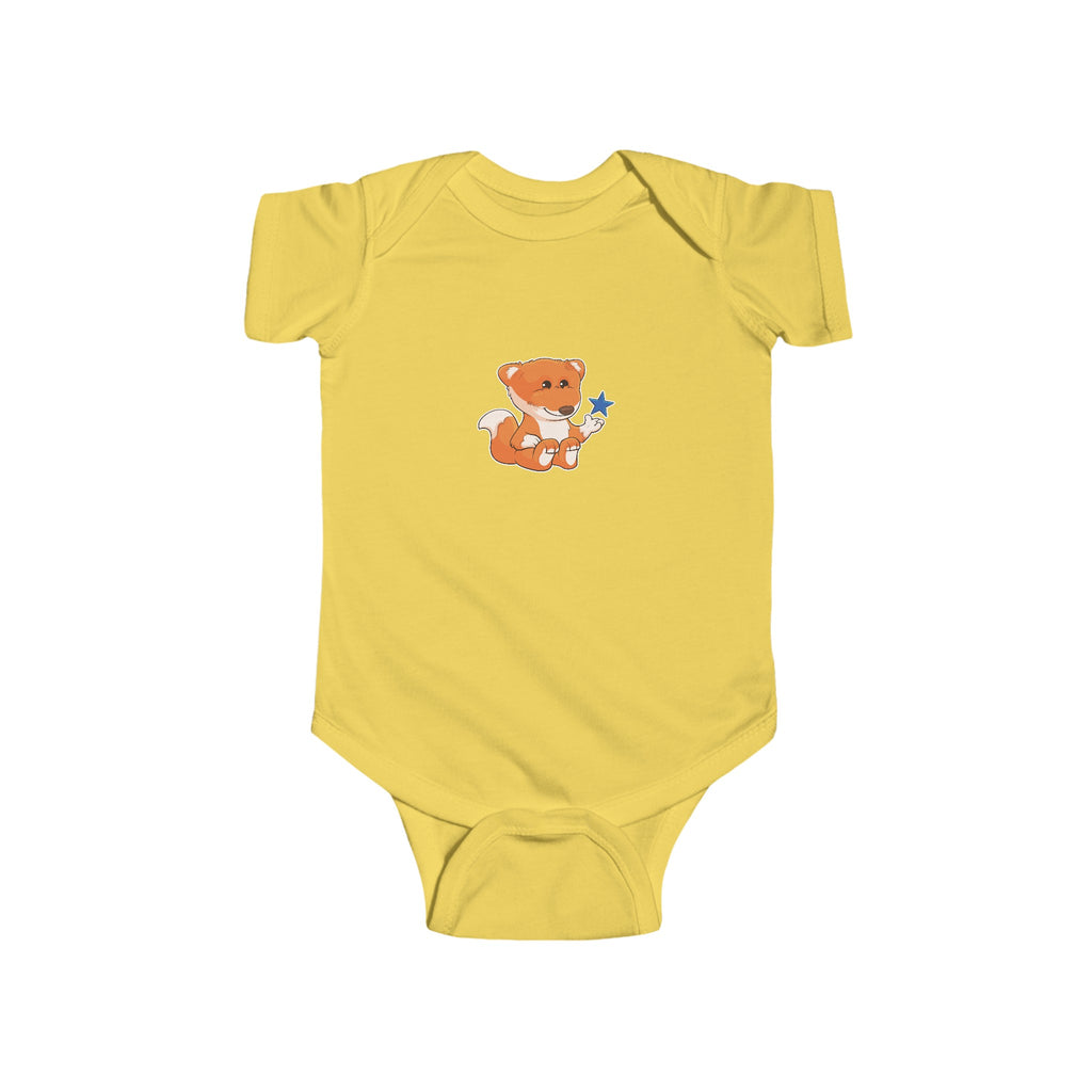 A yellow baby onesie with a picture of a fox.