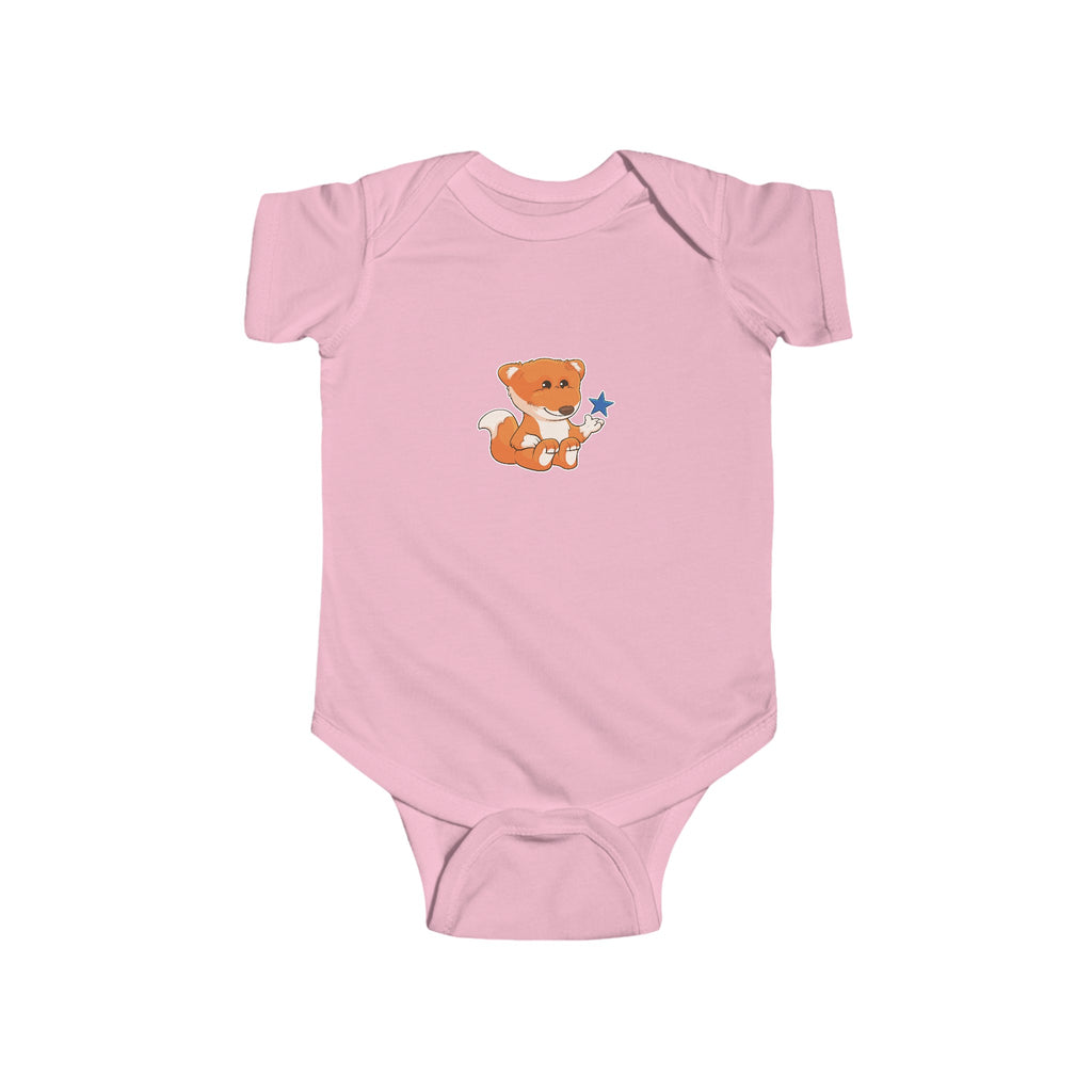 A light pink baby onesie with a picture of a fox.