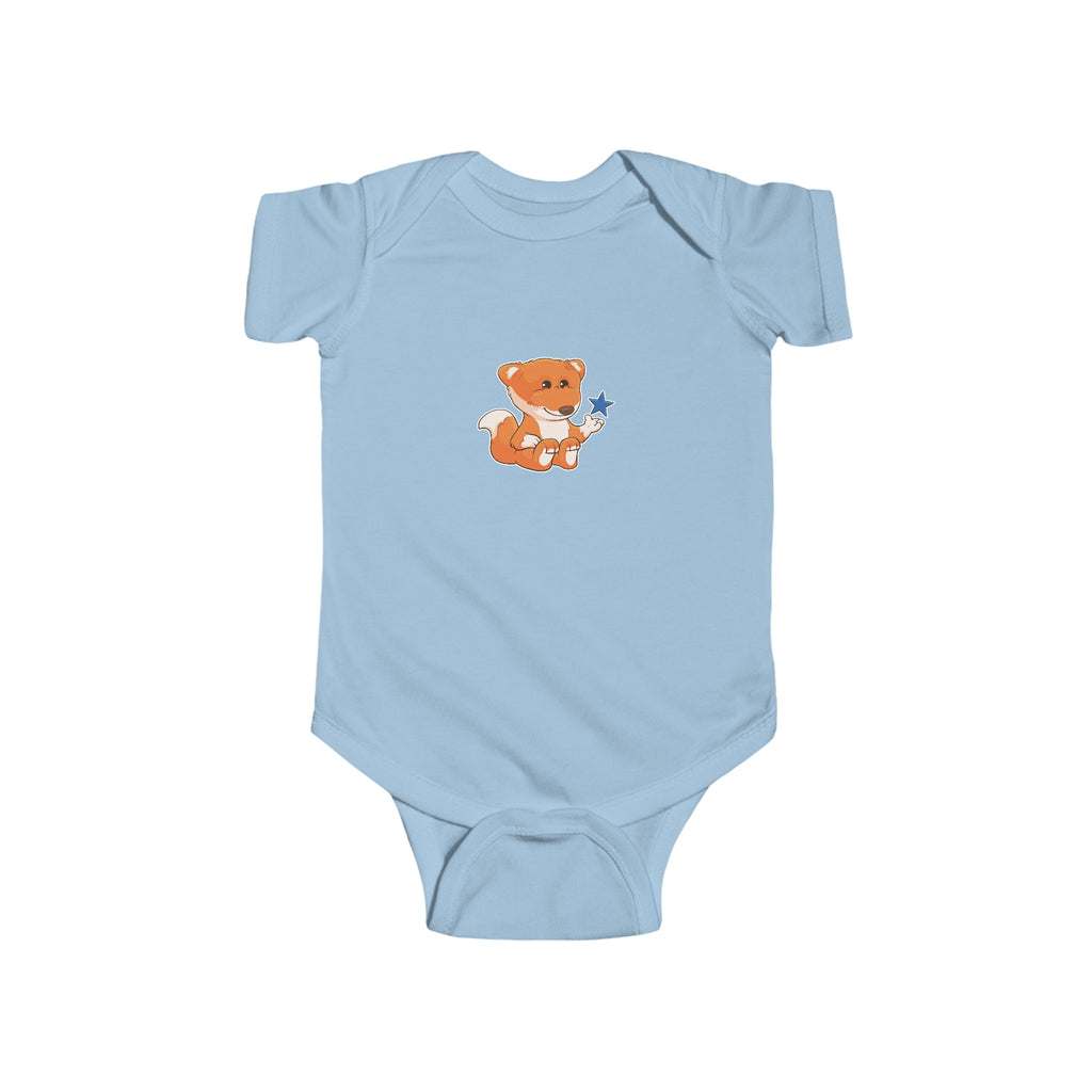A light blue baby onesie with a picture of a fox.