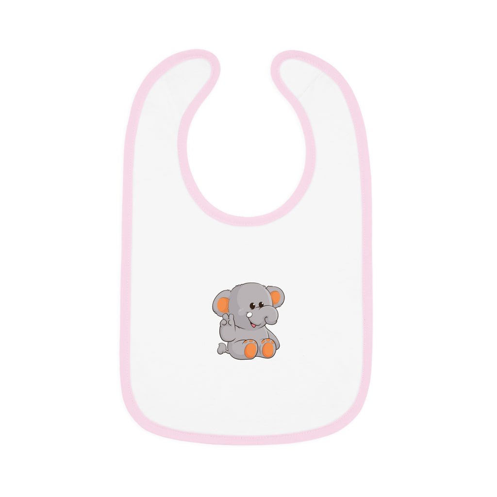 A white baby bib with light pink trim and a small picture of an elephant.