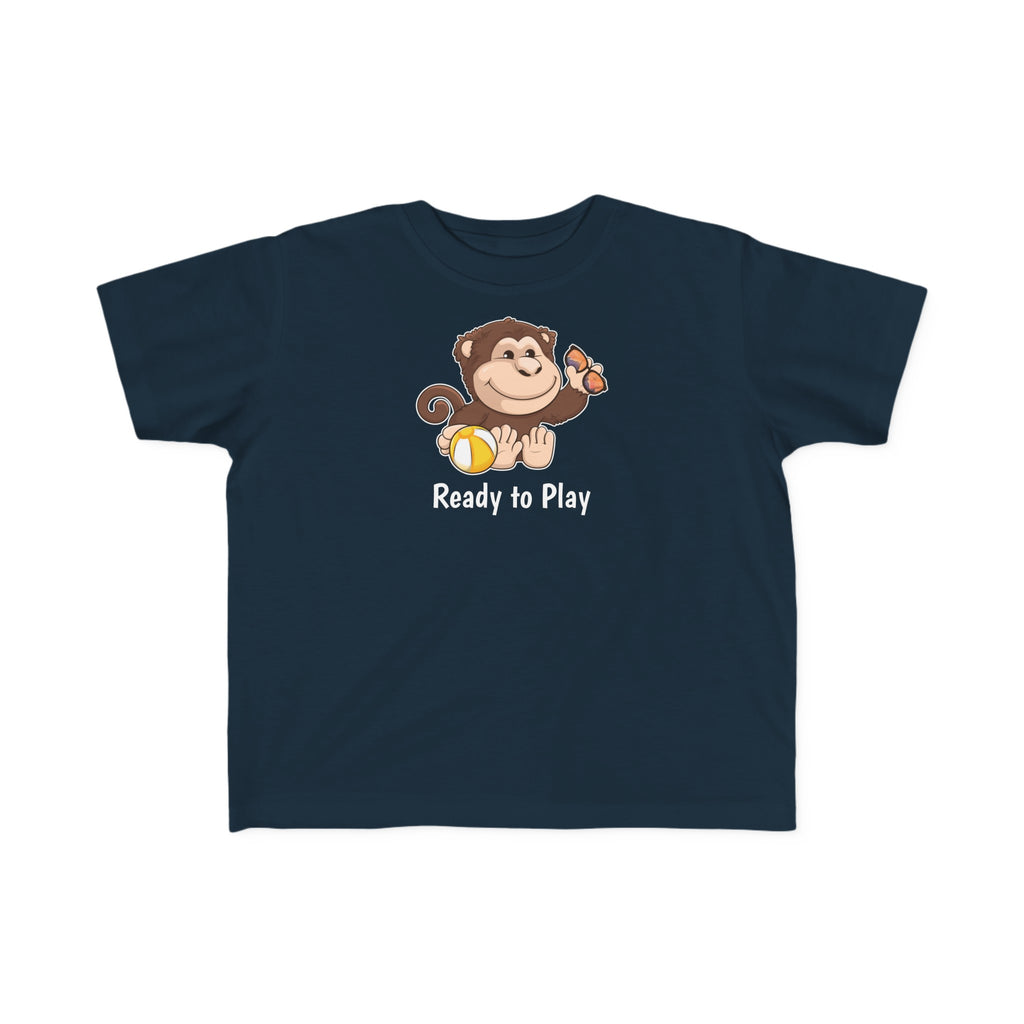 A short-sleeve navy blue shirt with a picture of a monkey that says Ready to Play.