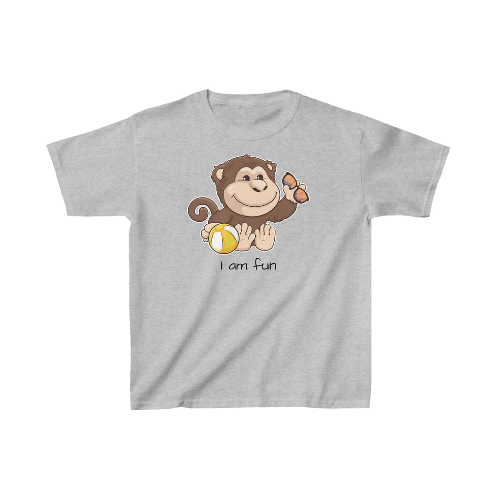 A short-sleeve grey shirt with a picture of a monkey that says I am fun.