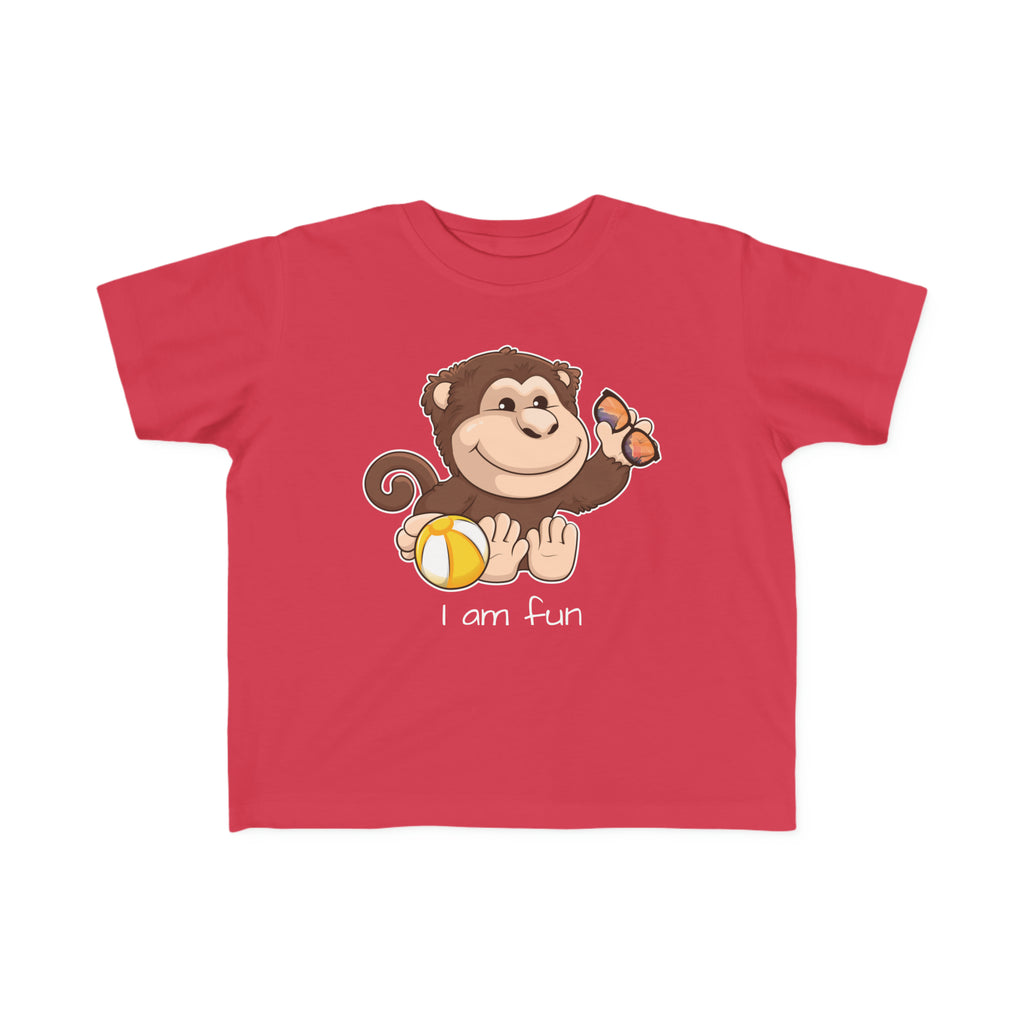 A short-sleeve red shirt with a picture of a monkey that says I am fun.