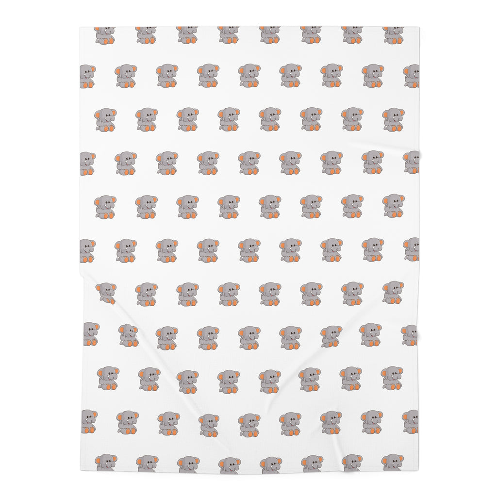 A white swaddle blanket with a repeating pattern of an elephant.