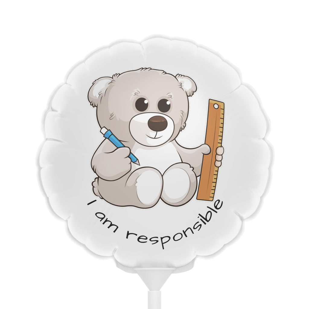 A round white mylar balloon on a stick with a picture of a bear that says I am responsible.