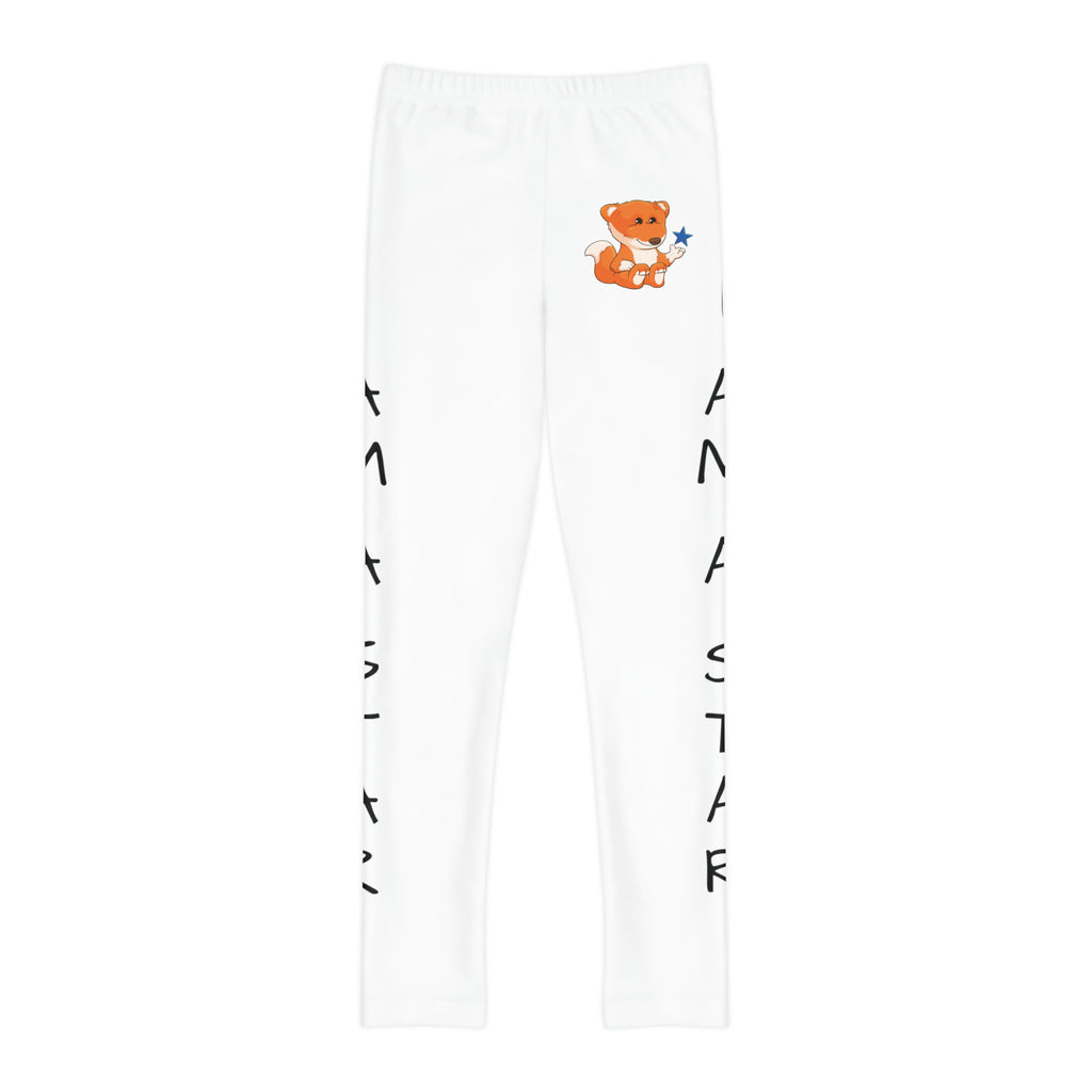 White leggings with a picture of a fox on the front left waist and the phrase "I am a star" read top to bottom on the side of each leg.