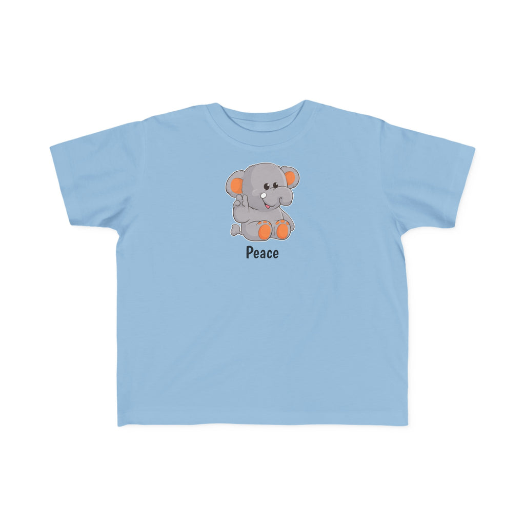 A short-sleeve light blue shirt with a picture of an elephant that says Peace.