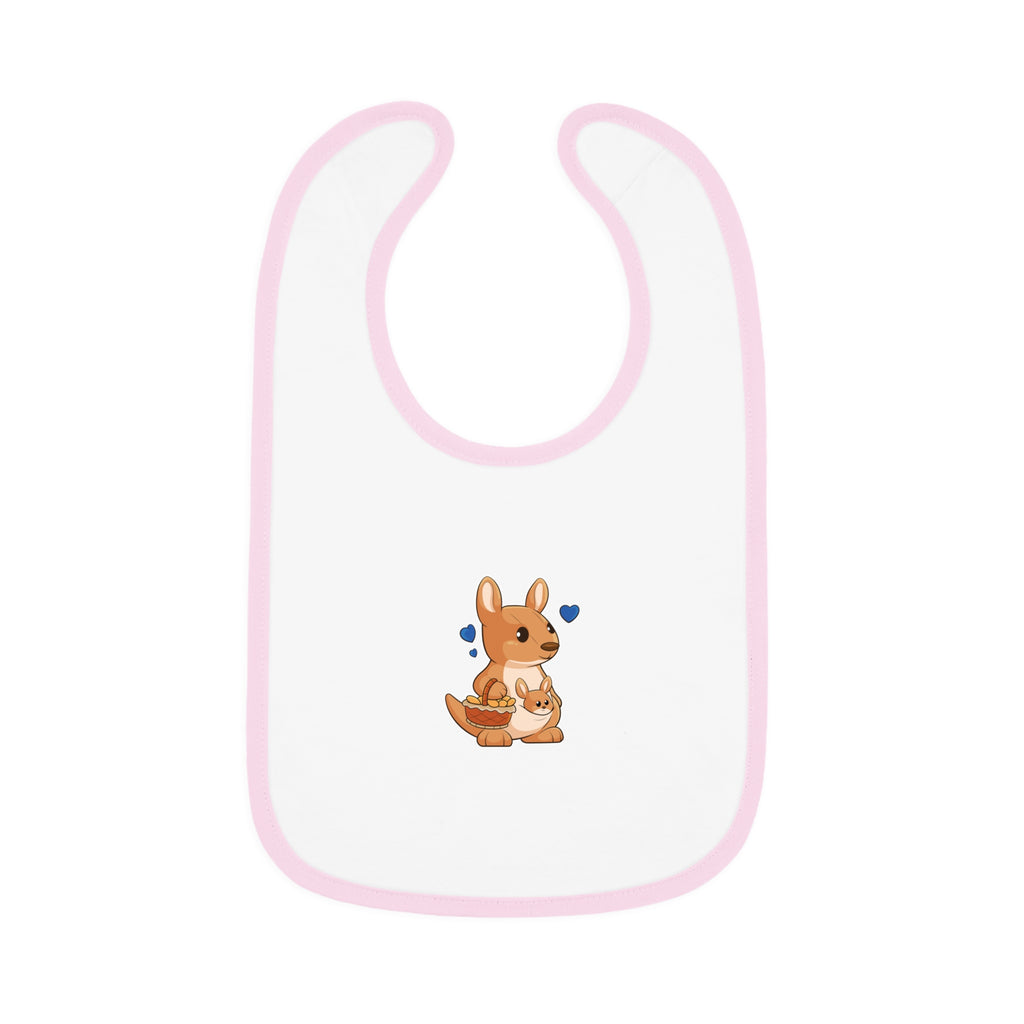 A white baby bib with light pink trim and a small picture of a kangaroo.