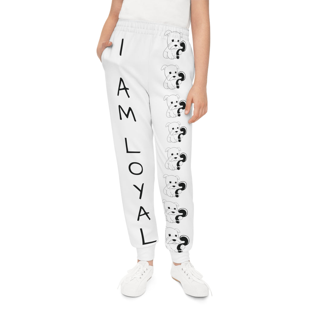 Front-view of a girl wearing white sweatpants with a line of black and white dogs down the front left leg and the phrase "I am loyal" down the front right leg.
