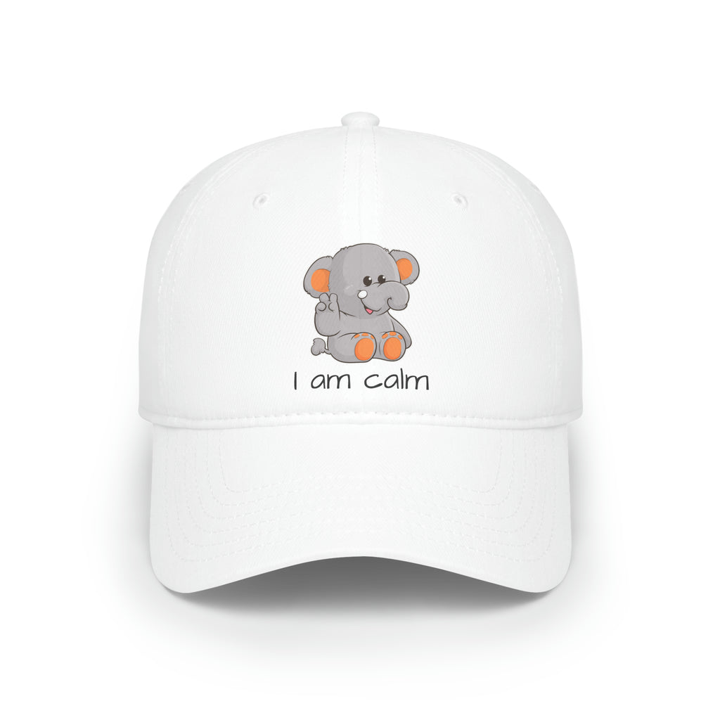 Front-view of a white baseball hat with a picture of an elephant that says I am calm.